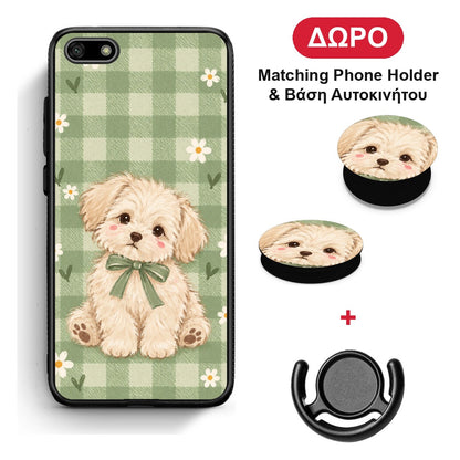 Puppy and Daisies on Sage Gingham - Huawei Y5 2018 / Honor 7S θήκη + Δώρο Phone Holder & Βάση Αυτοκινήτου