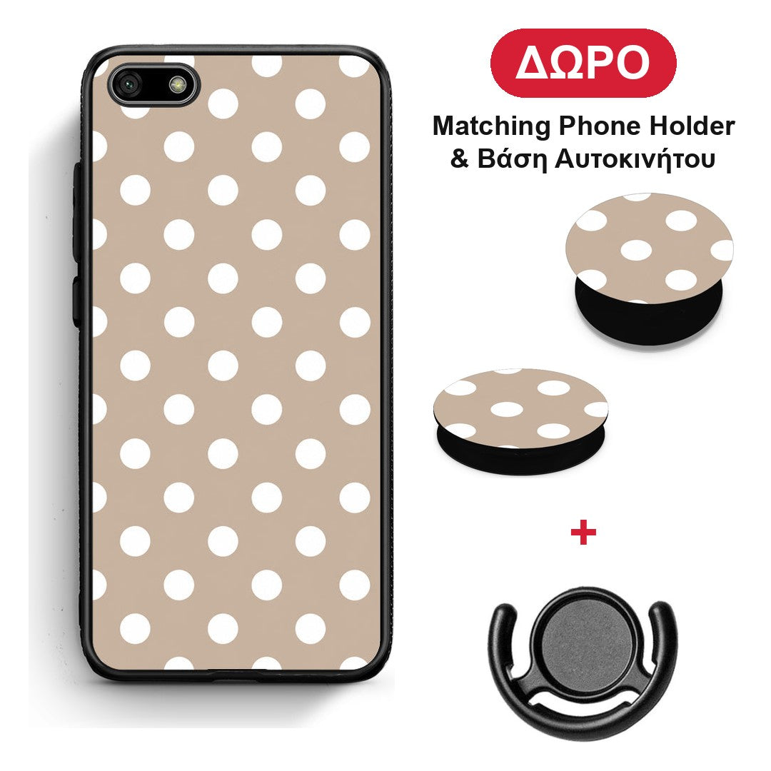 White Polka Dots on Taupe - Huawei Y5 2018 / Honor 7S θήκη + Δώρο Phone Holder & Βάση Αυτοκινήτου