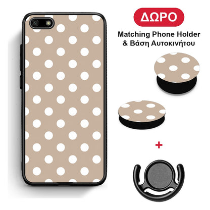 White Polka Dots on Taupe - Huawei Y5 2018 / Honor 7S θήκη + Δώρο Phone Holder & Βάση Αυτοκινήτου