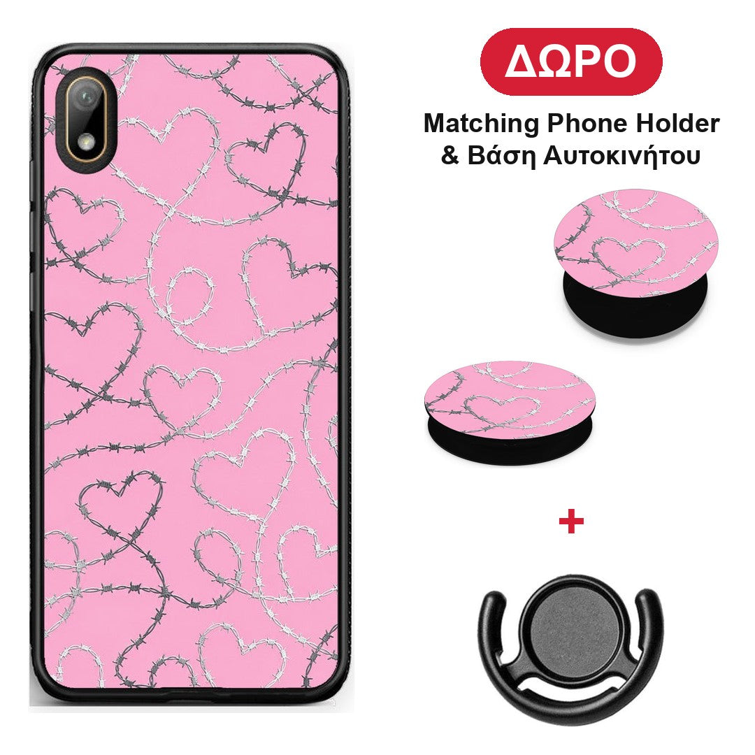 Barbed Wire Hearts on Pink - Huawei Y5 2019 θήκη + Δώρο Phone Holder & Βάση Αυτοκινήτου