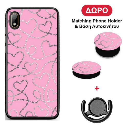 Barbed Wire Hearts on Pink - Huawei Y5 2019 θήκη + Δώρο Phone Holder & Βάση Αυτοκινήτου