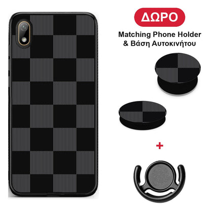 Black and Charcoal Striped Checks - Huawei Y5 2019 θήκη + Δώρο Phone Holder & Βάση Αυτοκινήτου