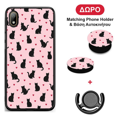 Black Cat Silhouettes and Hearts on Pink - Huawei Y5 2019 θήκη + Δώρο Phone Holder & Βάση Αυτοκινήτου