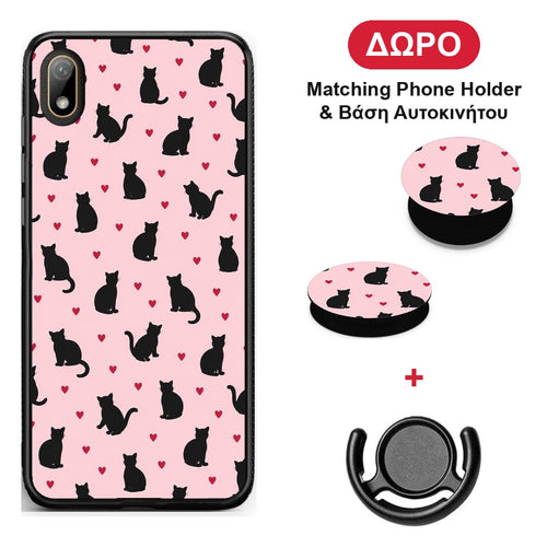 Black Cat Silhouettes and Hearts on Pink - Huawei Y5 2019 θήκη + Δώρο Phone Holder & Βάση Αυτοκινήτου
