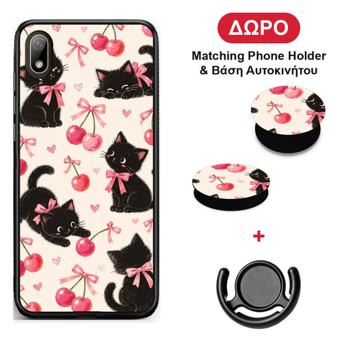 Black Kittens and Cherries on Cream - Huawei Y5 2019 θήκη + Δώρο Phone Holder & Βάση Αυτοκινήτου