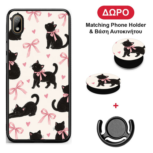 Black Kittens and Pink Bows on Cream Large - Huawei Y5 2019 θήκη + Δώρο Phone Holder & Βάση Αυτοκινήτου