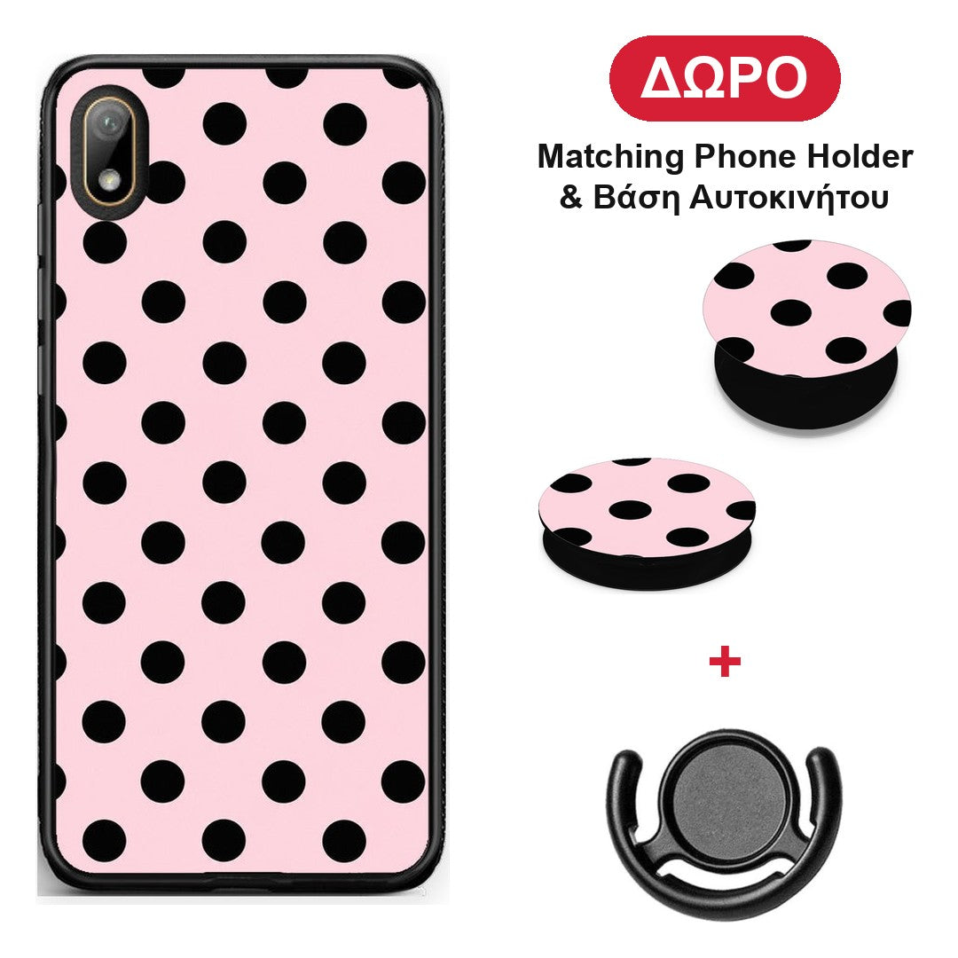 Black Polka Dots on Pink - Huawei Y5 2019 θήκη + Δώρο Phone Holder & Βάση Αυτοκινήτου