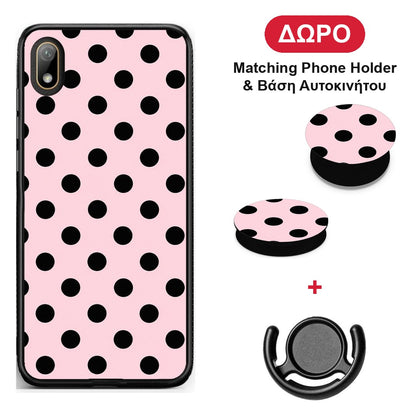 Black Polka Dots on Pink - Huawei Y5 2019 θήκη + Δώρο Phone Holder & Βάση Αυτοκινήτου