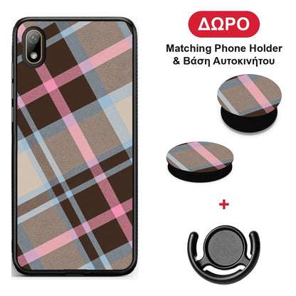 Brown Pink and Blue Diagonal Plaid - Huawei Y5 2019 θήκη + Δώρο Phone Holder & Βάση Αυτοκινήτου