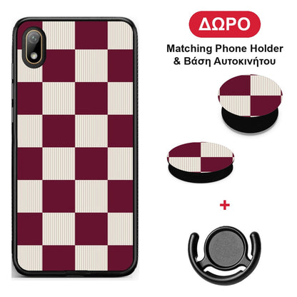 Burgundy and Cream Striped Checks - Huawei Y5 2019 θήκη + Δώρο Phone Holder & Βάση Αυτοκινήτου