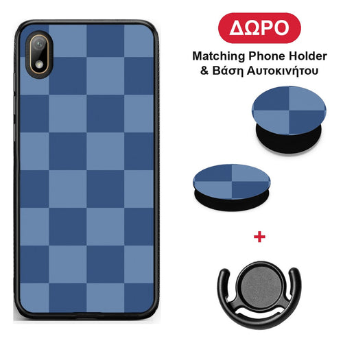 Denim Blue Checkerboard - Huawei Y5 2019 θήκη + Δώρο Phone Holder & Βάση Αυτοκινήτου