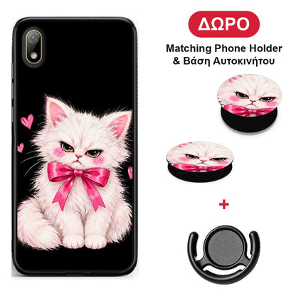 Grumpy Party Kitten on Black - Huawei Y5 2019 θήκη + Δώρο Phone Holder & Βάση Αυτοκινήτου