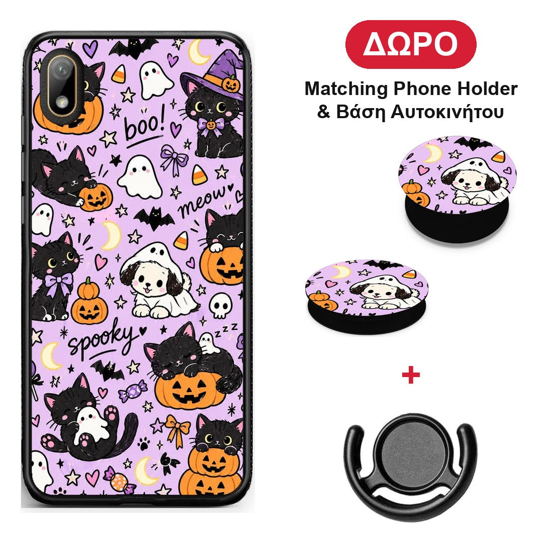Halloween Black Cats on Lilac - Huawei Y5 2019 θήκη + Δώρο Phone Holder & Βάση Αυτοκινήτου