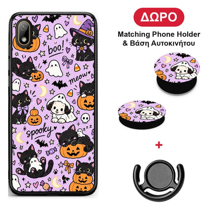 Halloween Black Cats on Lilac - Huawei Y5 2019 θήκη + Δώρο Phone Holder & Βάση Αυτοκινήτου