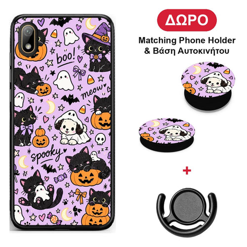 Halloween Black Cats on Lilac - Huawei Y5 2019 θήκη + Δώρο Phone Holder & Βάση Αυτοκινήτου