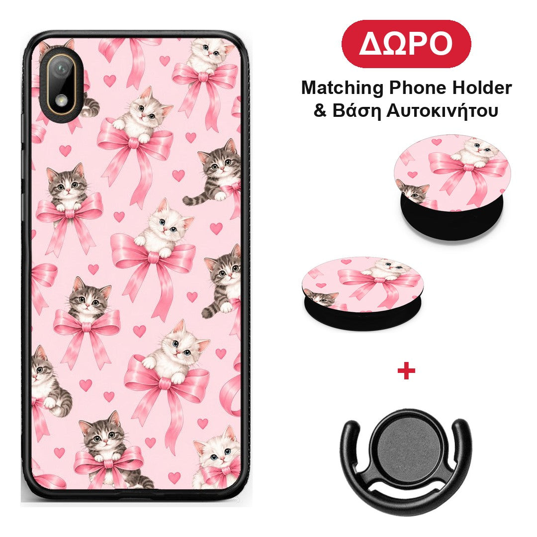 Kittens and Pink Bows on Pink - Huawei Y5 2019 θήκη + Δώρο Phone Holder & Βάση Αυτοκινήτου