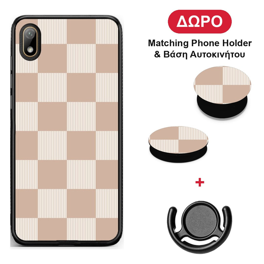 Latte and Cream Striped Checks - Huawei Y5 2019 θήκη + Δώρο Phone Holder & Βάση Αυτοκινήτου