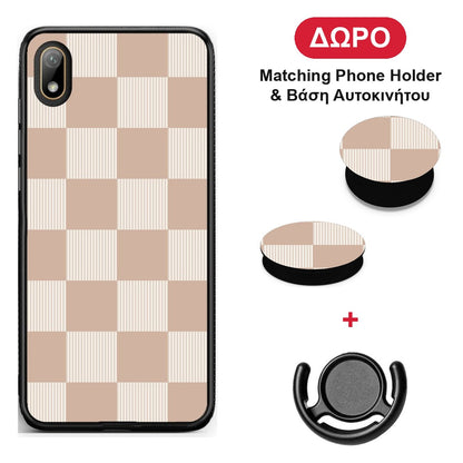 Latte and Cream Striped Checks - Huawei Y5 2019 θήκη + Δώρο Phone Holder & Βάση Αυτοκινήτου