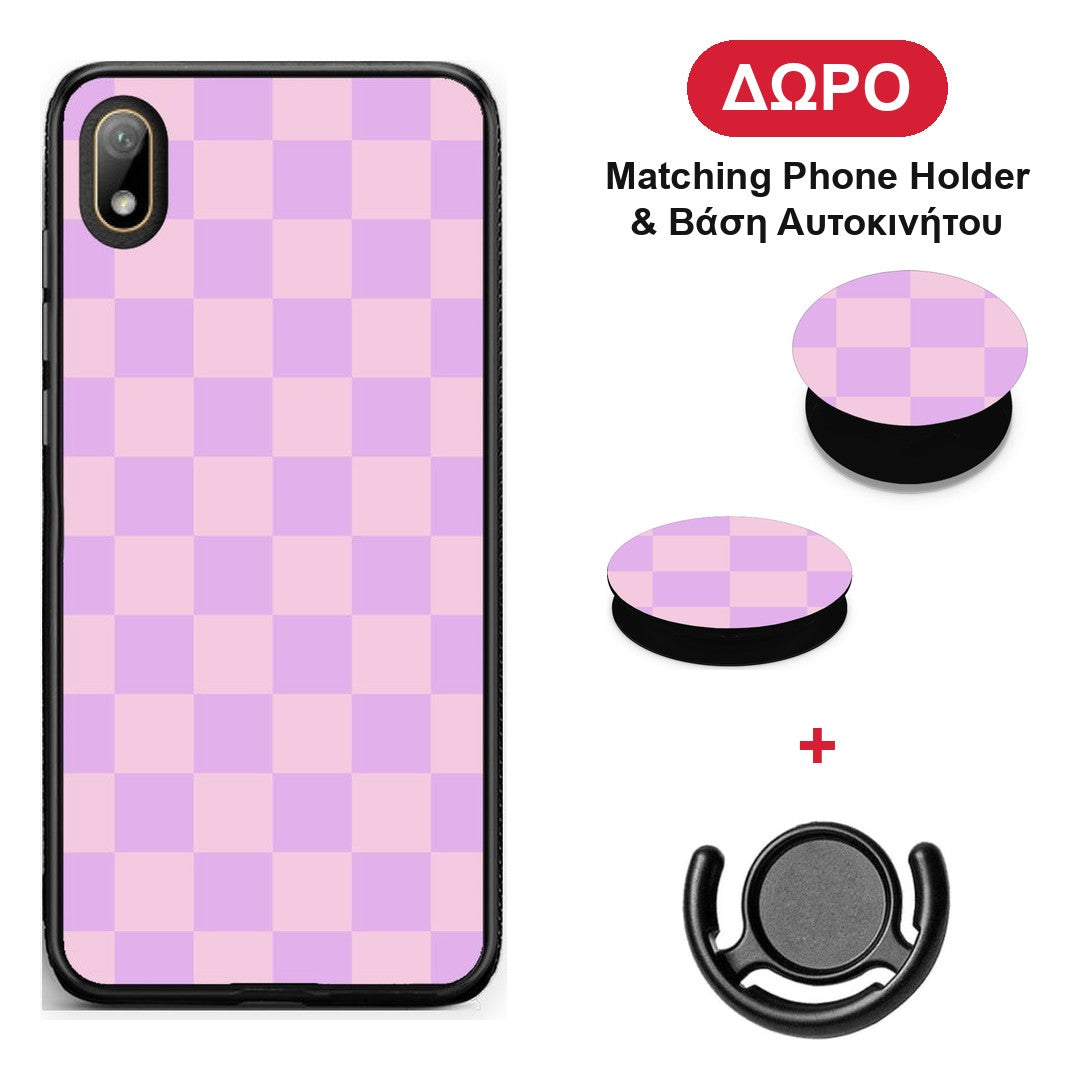 Lavender and Pink Checkerboard - Huawei Y5 2019 θήκη + Δώρο Phone Holder & Βάση Αυτοκινήτου