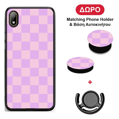 Lavender and Pink Checkerboard - Huawei Y5 2019 θήκη + Δώρο Phone Holder & Βάση Αυτοκινήτου