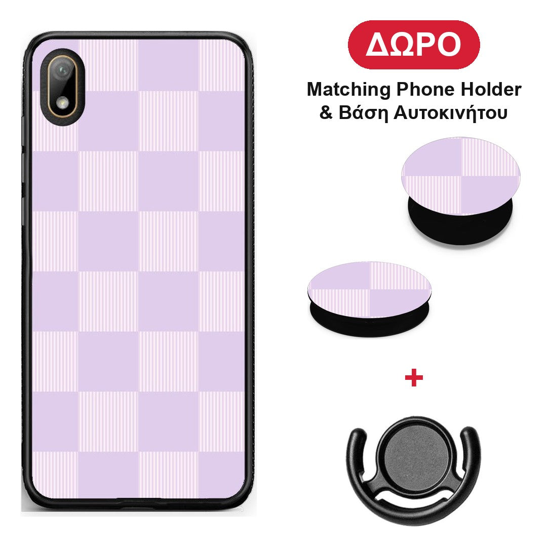 Lilac and Cream Striped Checks - Huawei Y5 2019 θήκη + Δώρο Phone Holder & Βάση Αυτοκινήτου
