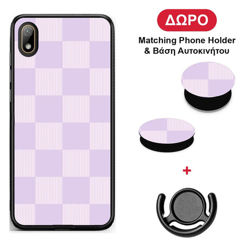 Lilac and Cream Striped Checks - Huawei Y5 2019 θήκη + Δώρο Phone Holder & Βάση Αυτοκινήτου