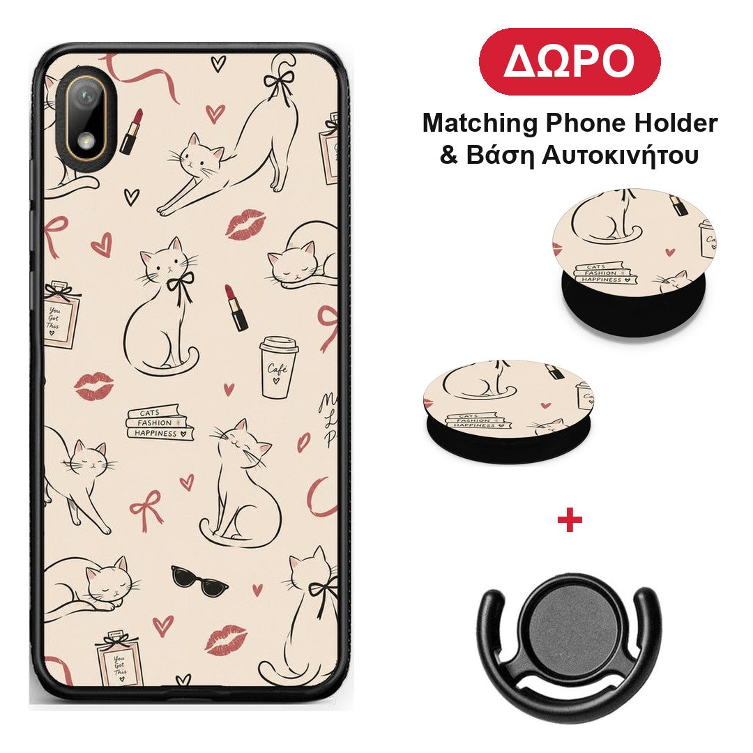 Minimal Cat and Fashion Doodles on Cream - Huawei Y5 2019 θήκη + Δώρο Phone Holder & Βάση Αυτοκινήτου