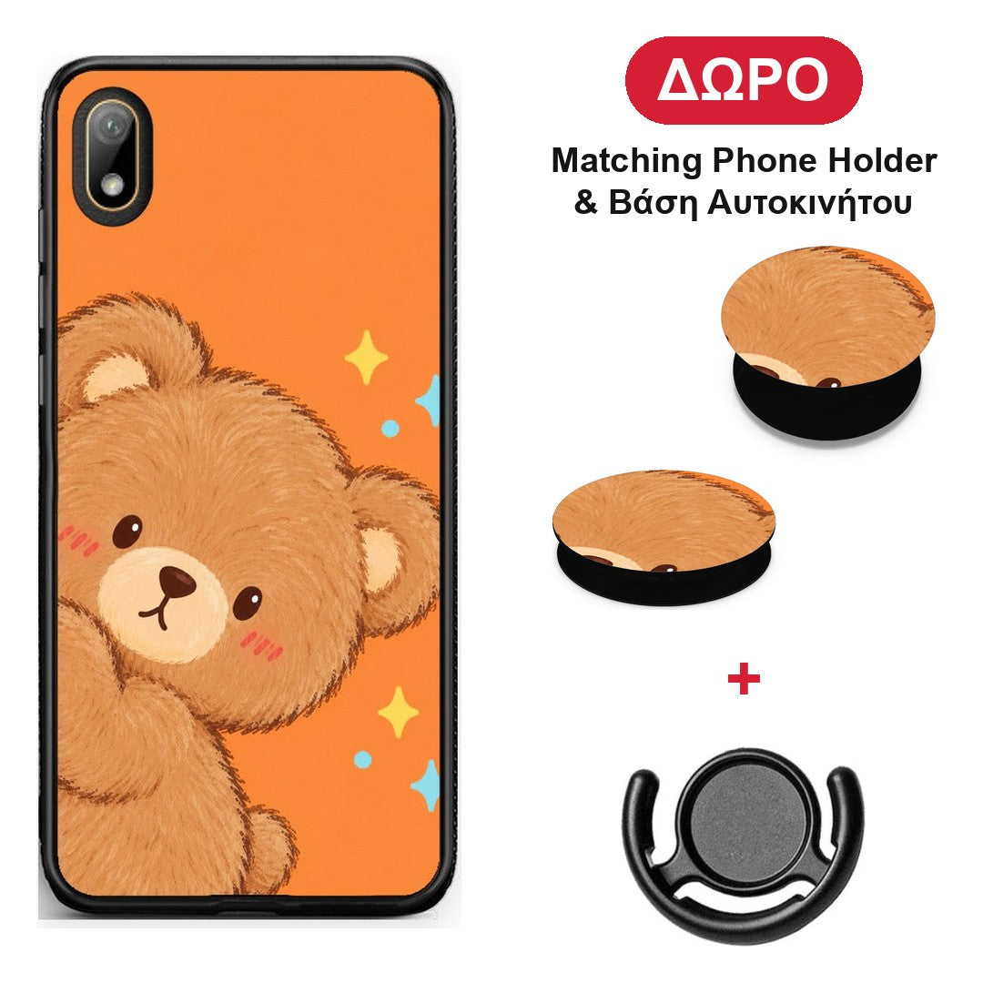 Peekaboo Teddy on Orange - Huawei Y5 2019 θήκη + Δώρο Phone Holder & Βάση Αυτοκινήτου