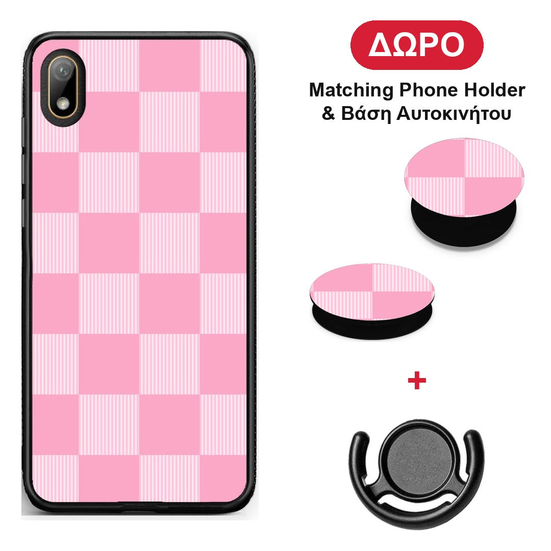 Pink and White Striped Checks - Huawei Y5 2019 θήκη + Δώρο Phone Holder & Βάση Αυτοκινήτου