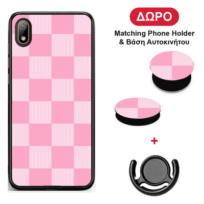 Pink and White Striped Checks - Huawei Y5 2019 θήκη + Δώρο Phone Holder & Βάση Αυτοκινήτου