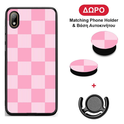 Pink and White Striped Checks - Huawei Y5 2019 θήκη + Δώρο Phone Holder & Βάση Αυτοκινήτου