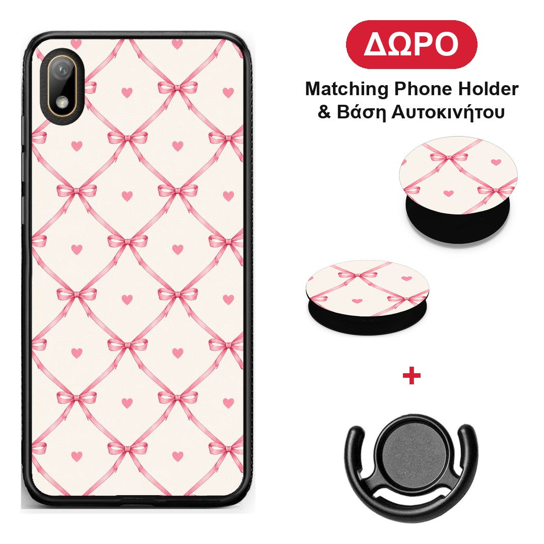 Pink Bow Lattice and Hearts on Cream - Huawei Y5 2019 θήκη + Δώρο Phone Holder & Βάση Αυτοκινήτου