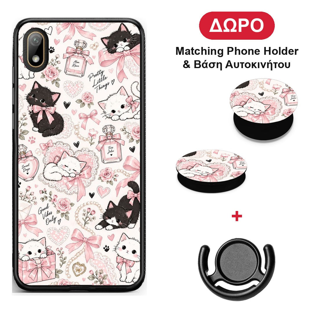 Pink Bows and Kittens Collage - Huawei Y5 2019 θήκη + Δώρο Phone Holder & Βάση Αυτοκινήτου