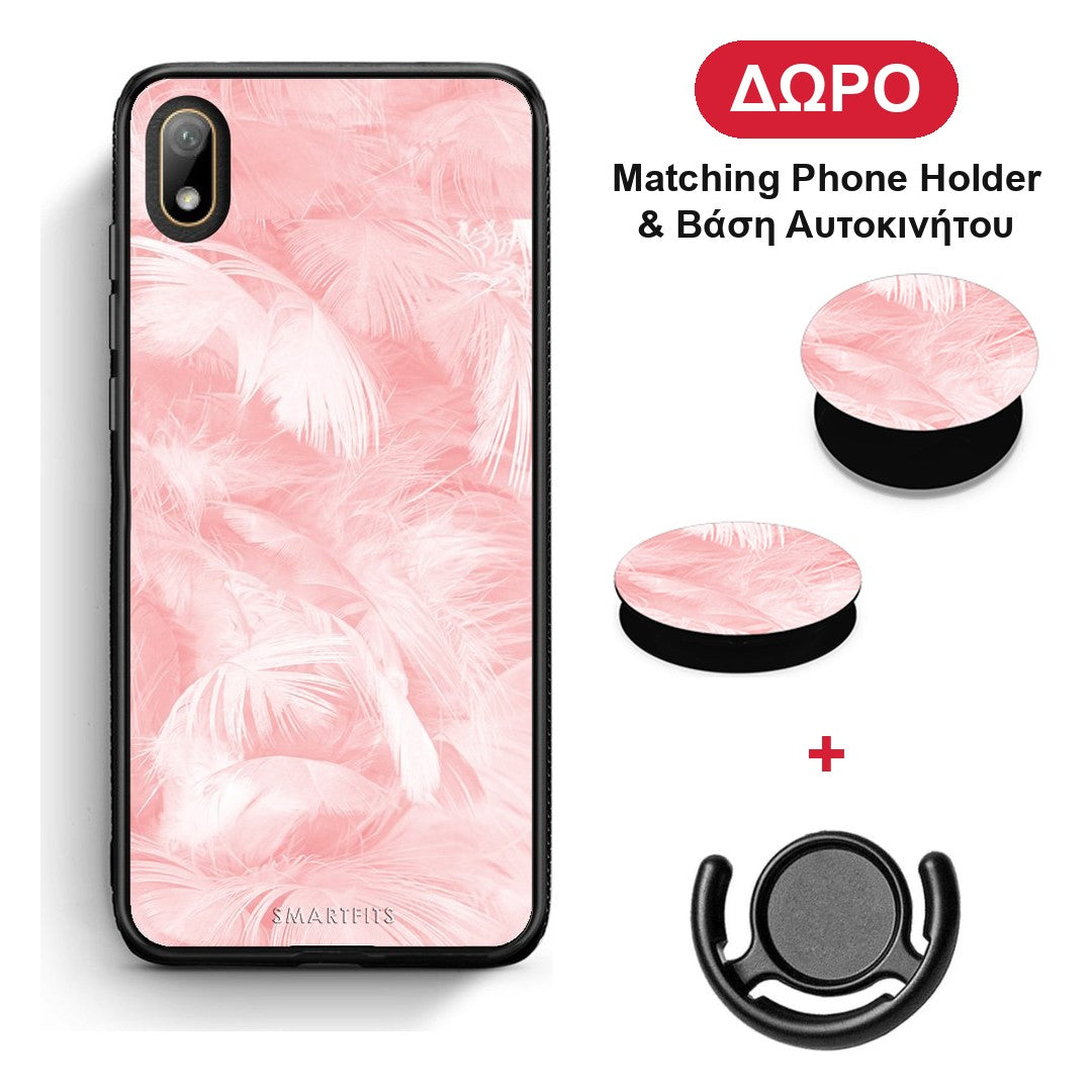 Boho Pink Feather - Huawei Y5 2019 θήκη + Δώρο Phone Holder & Βάση Αυτοκινήτου