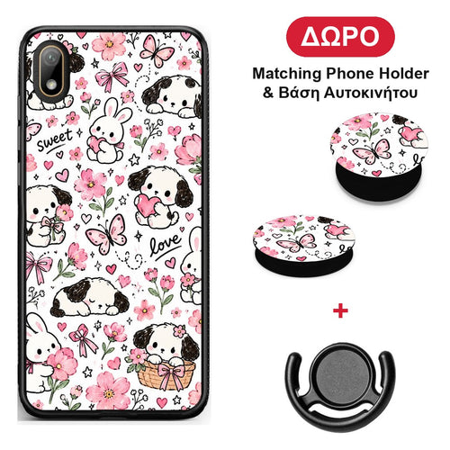 Pink Florals Puppies and Bunnies on White - Huawei Y5 2019 θήκη + Δώρο Phone Holder & Βάση Αυτοκινήτου