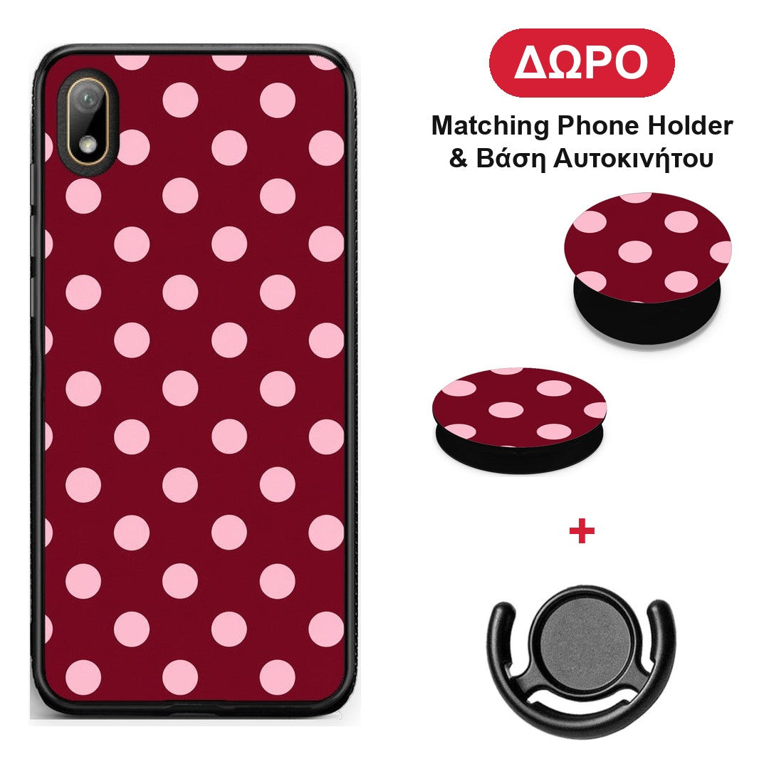 Pink Polka Dots on Burgundy - Huawei Y5 2019 θήκη + Δώρο Phone Holder & Βάση Αυτοκινήτου
