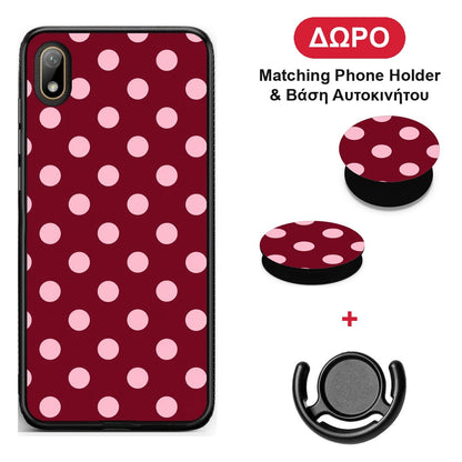 Pink Polka Dots on Burgundy - Huawei Y5 2019 θήκη + Δώρο Phone Holder & Βάση Αυτοκινήτου