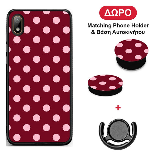 Pink Polka Dots on Burgundy - Huawei Y5 2019 θήκη + Δώρο Phone Holder & Βάση Αυτοκινήτου