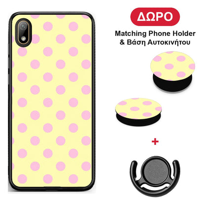 Pink Polka Dots on Yellow - Huawei Y5 2019 θήκη + Δώρο Phone Holder & Βάση Αυτοκινήτου