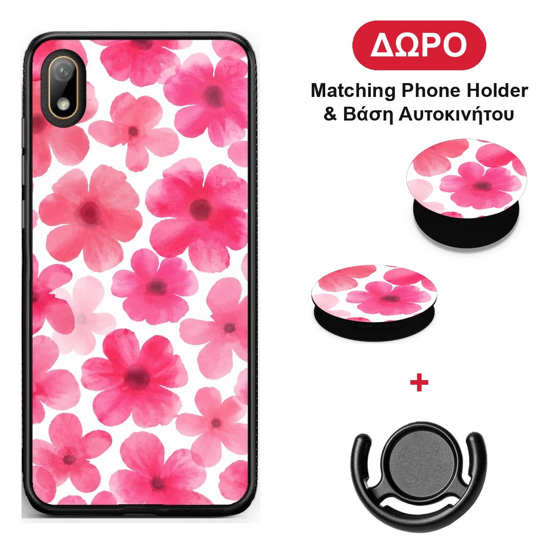 Pink Watercolour Flowers on White - Huawei Y5 2019 θήκη + Δώρο Phone Holder & Βάση Αυτοκινήτου