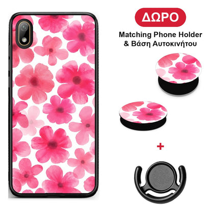 Pink Watercolour Flowers on White - Huawei Y5 2019 θήκη + Δώρο Phone Holder & Βάση Αυτοκινήτου