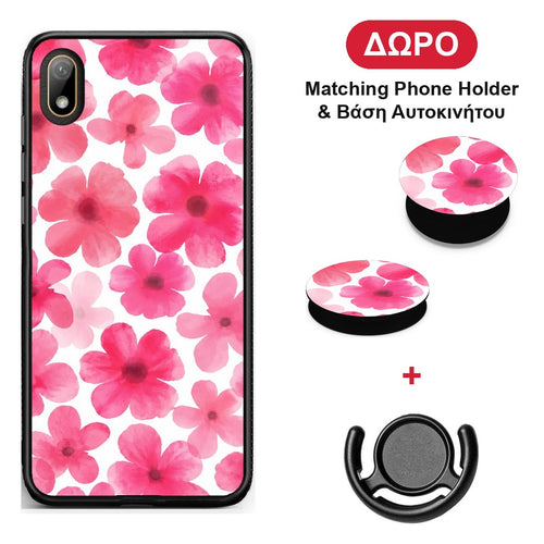 Pink Watercolour Flowers on White - Huawei Y5 2019 θήκη + Δώρο Phone Holder & Βάση Αυτοκινήτου