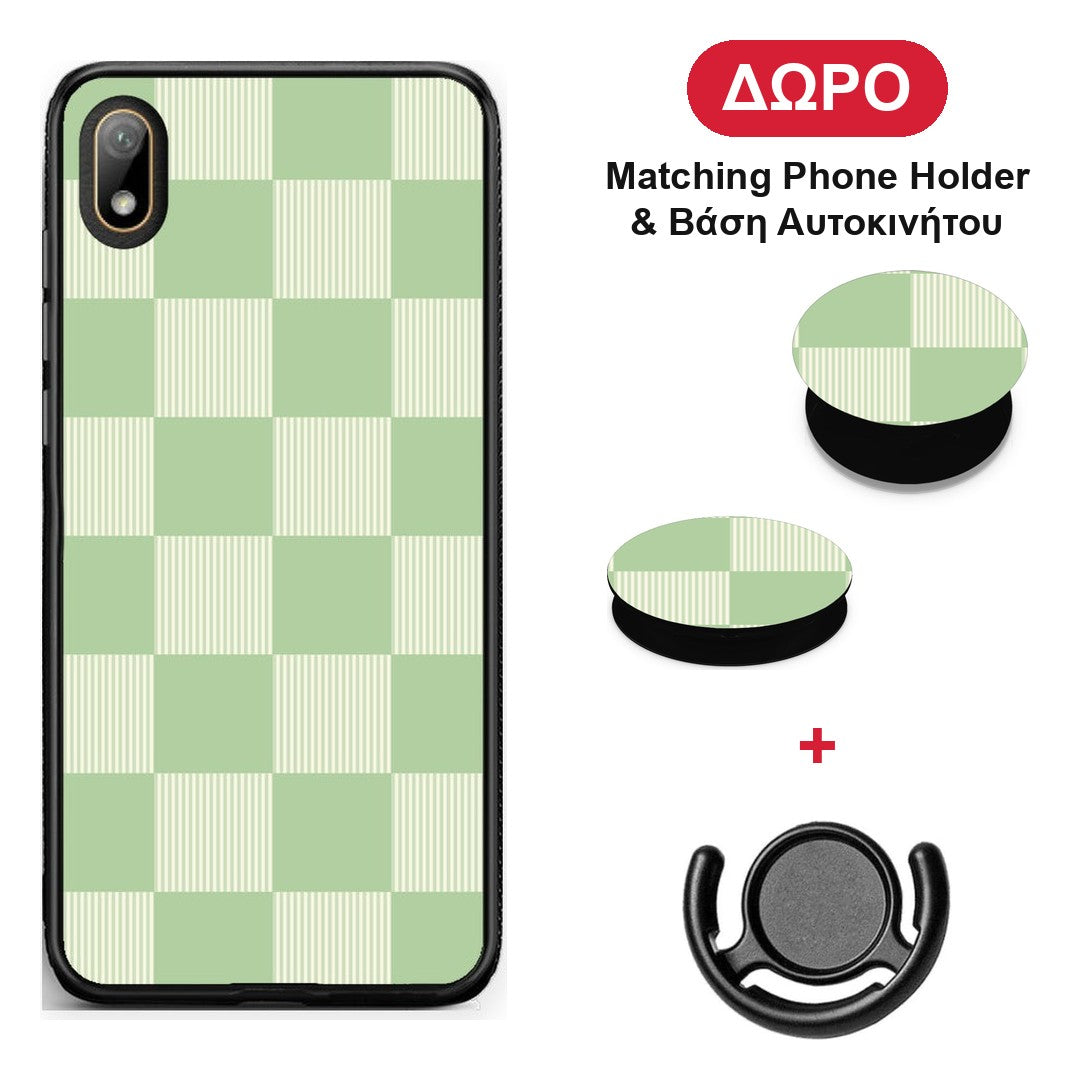 Sage and Cream Striped Checks - Huawei Y5 2019 θήκη + Δώρο Phone Holder & Βάση Αυτοκινήτου