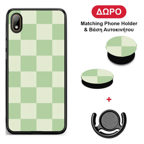 Sage and Cream Striped Checks - Huawei Y5 2019 θήκη + Δώρο Phone Holder & Βάση Αυτοκινήτου