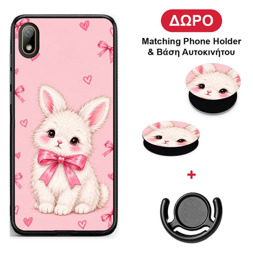 White Bunny and Pink Bows - Huawei Y5 2019 θήκη + Δώρο Phone Holder & Βάση Αυτοκινήτου