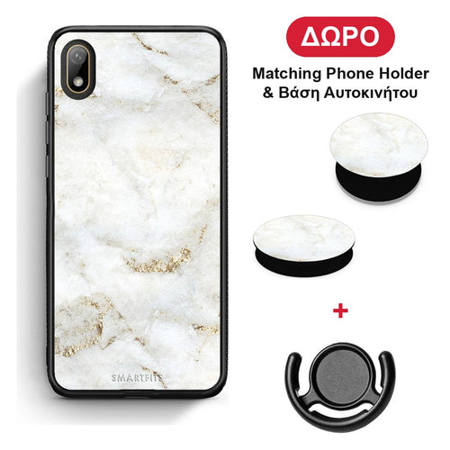 White Gold Marble - Huawei Y5 2019 θήκη + Δώρο Phone Holder & Βάση Αυτοκινήτου