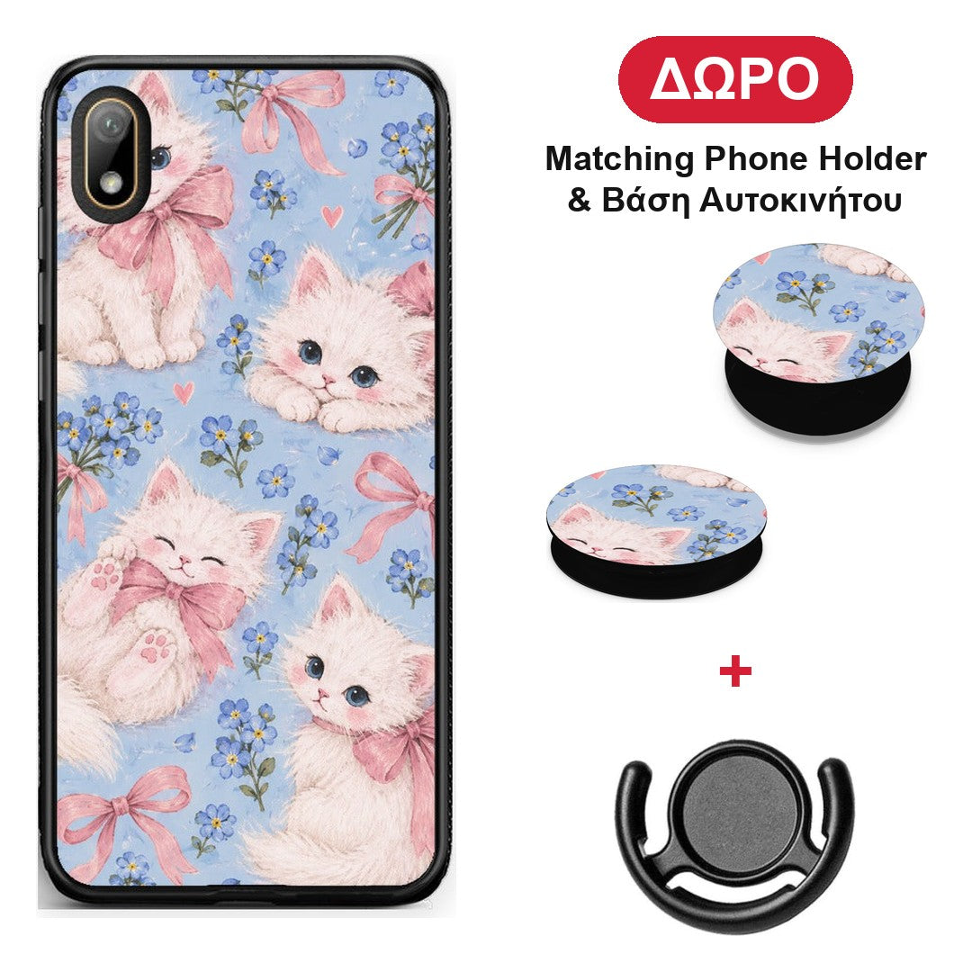 White Kittens and Blue Flowers Large - Huawei Y5 2019 θήκη + Δώρο Phone Holder & Βάση Αυτοκινήτου