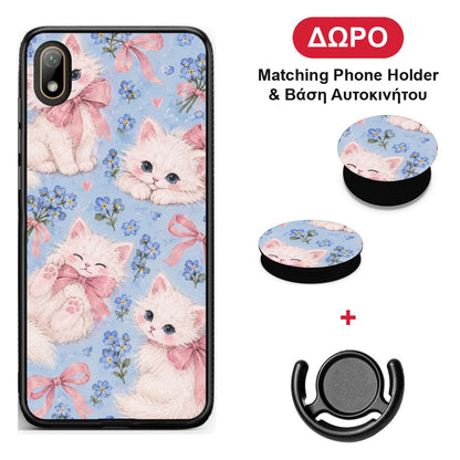 White Kittens and Blue Flowers Large - Huawei Y5 2019 θήκη + Δώρο Phone Holder & Βάση Αυτοκινήτου
