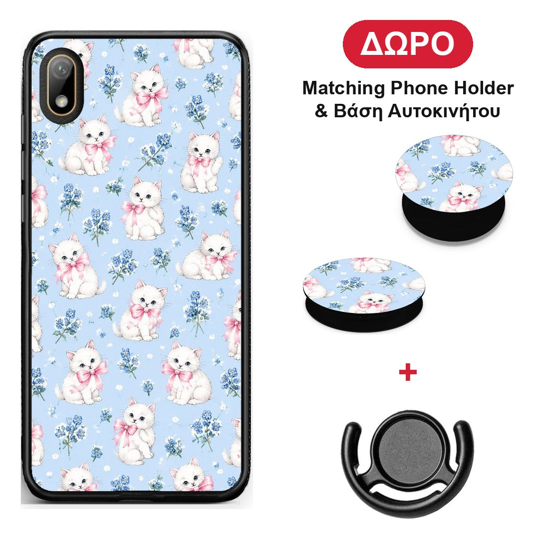 White Kittens and Blue Flowers Small - Huawei Y5 2019 θήκη + Δώρο Phone Holder & Βάση Αυτοκινήτου