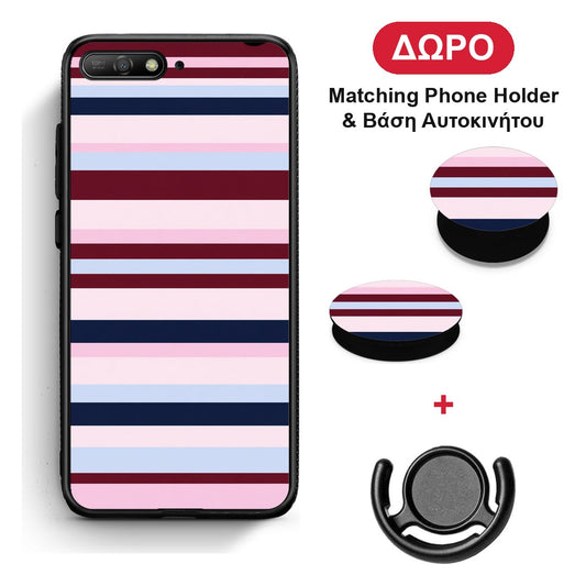 Burgundy Pink and Blue Horizontal Stripes - Huawei Y6 2018 / Honor 7A θήκη + Δώρο Phone Holder & Βάση Αυτοκινήτου